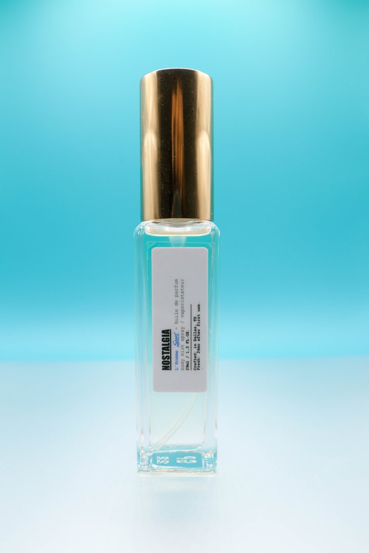 Nostalgia L'Homme Sport huile de parfum bottle, hand made in Dallas, Texas